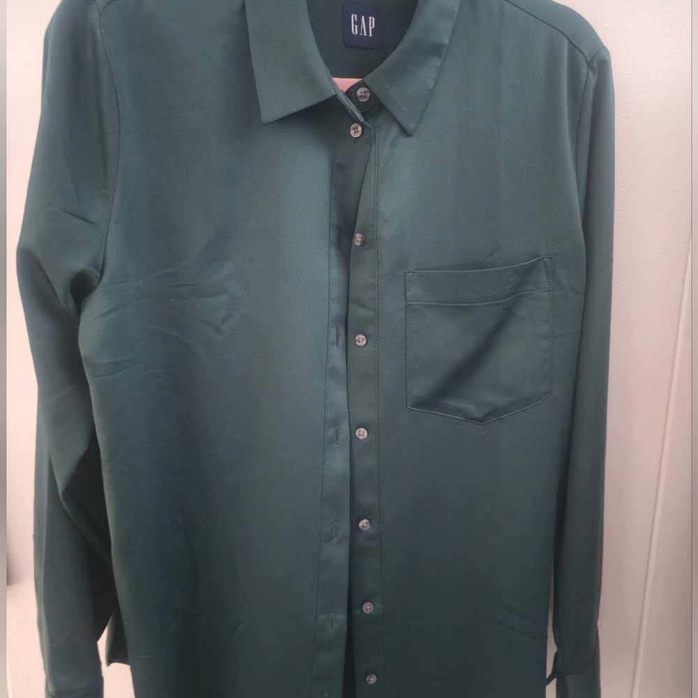 GAP Women's Satin Button Down Shirt Essex Green Medium